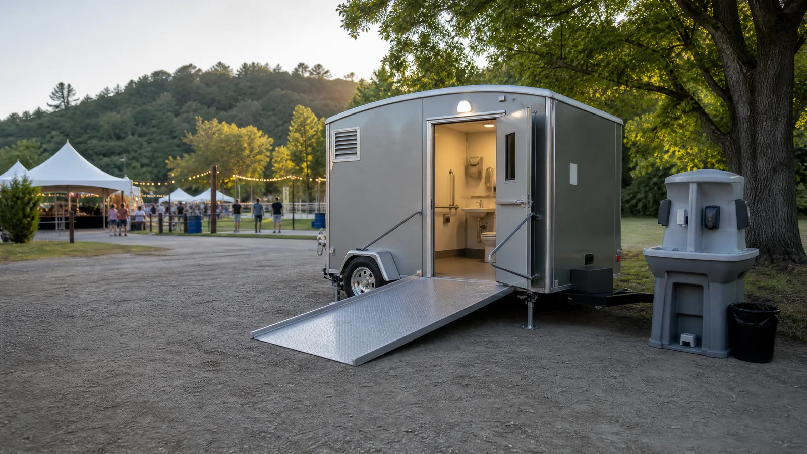 Portable restroom approach with firm level ground, clear turning space, and accessible route at an outdoor event